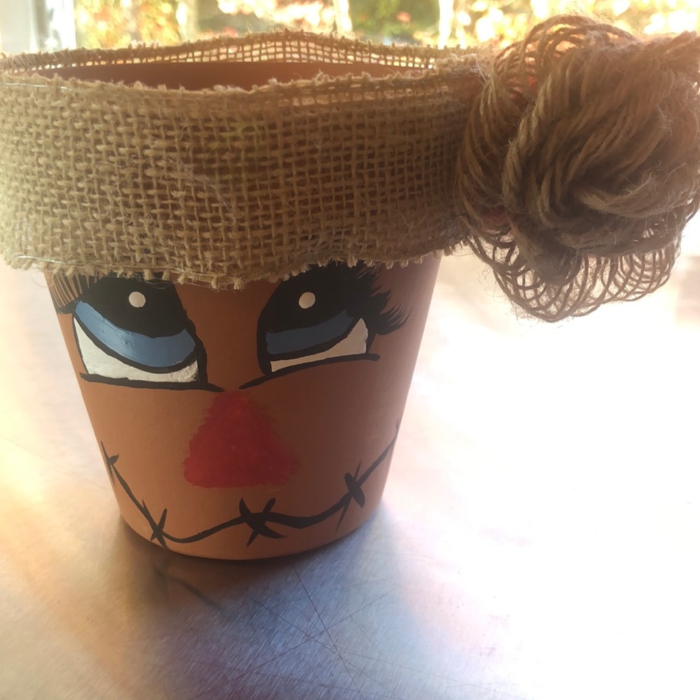 HAND CRAFTED-Upcycled Scarecrow Clay Pot - Fall Decorations